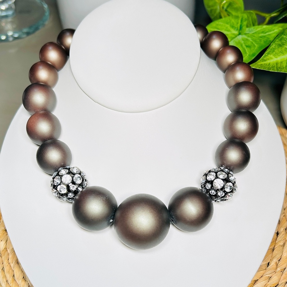 Bill Blass Vintage Graduated Taupe Ball and Rhinestone Statement Necklace.